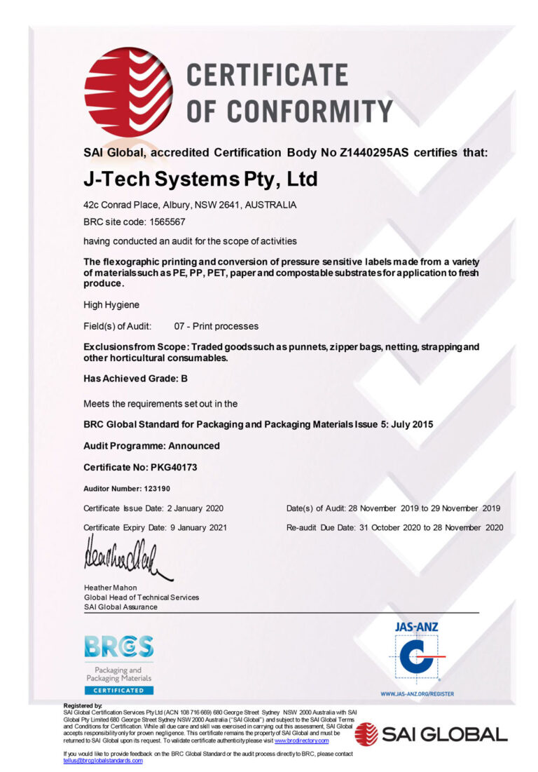 BRCGS Certification JTech Systems